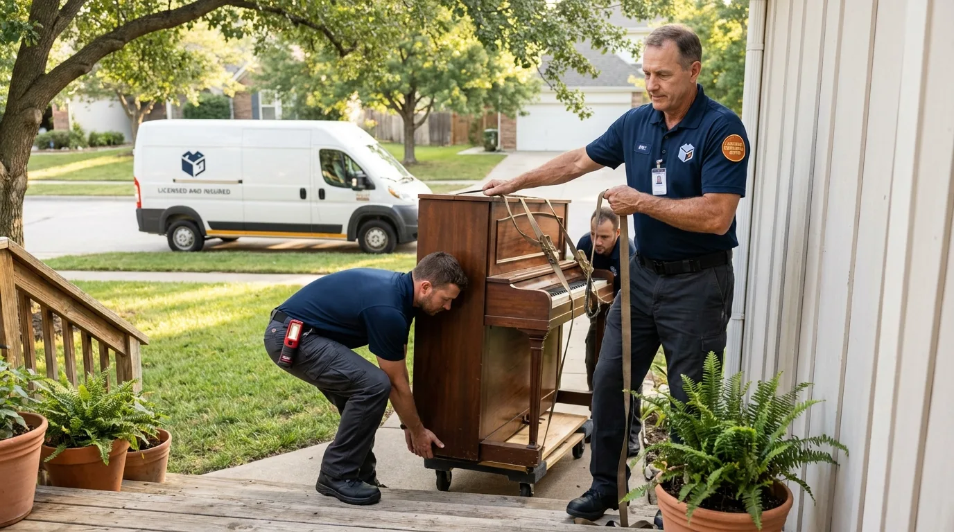 Licensed piano movers securing grand piano in Springfield, VT