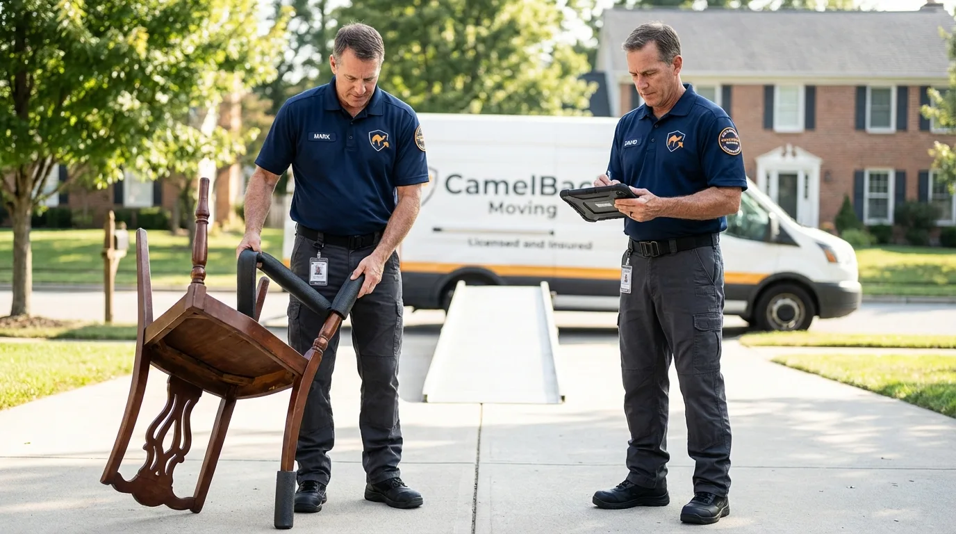 Movers inspecting furniture for damage prevention before loading in Springfield, VT