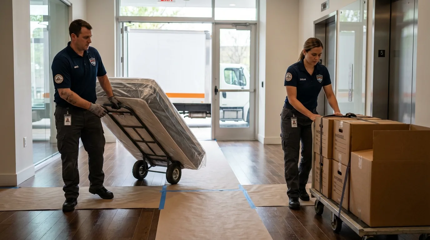 Professional apartment movers loading elevator in Springfield, VT