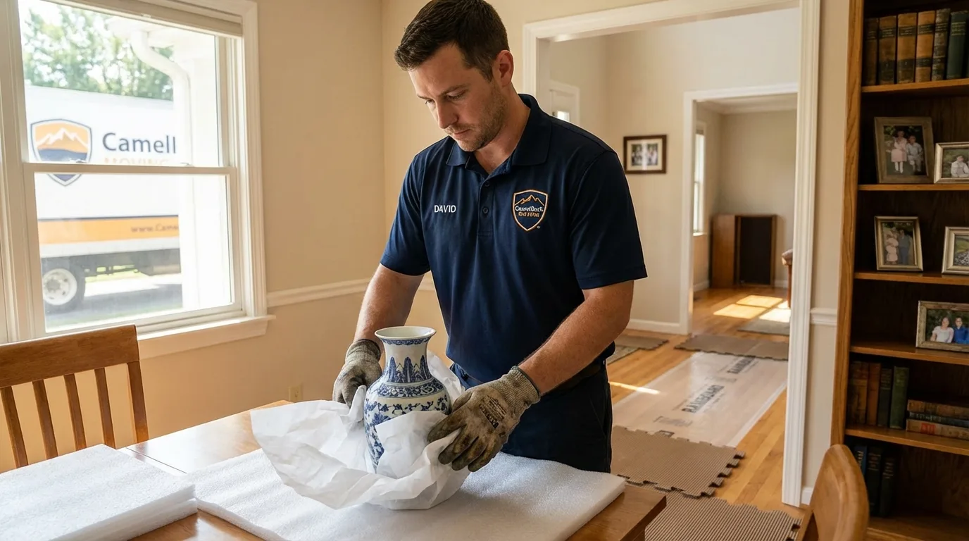 Professional crew carefully wrapping antique vase for senior downsizing move in Springfield, VT